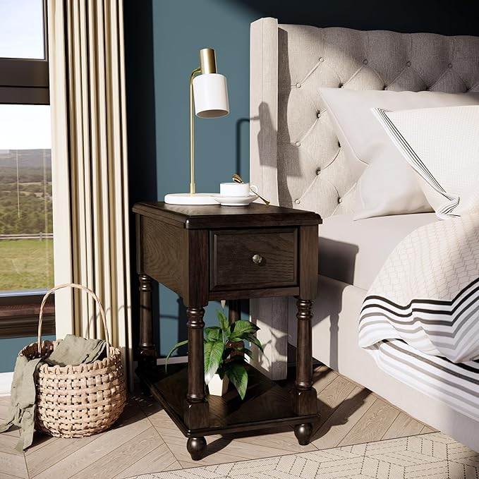Narrow End Table with Drawer and Open Storage Shelf, Solid Wood Sofa Side Table - Image 3