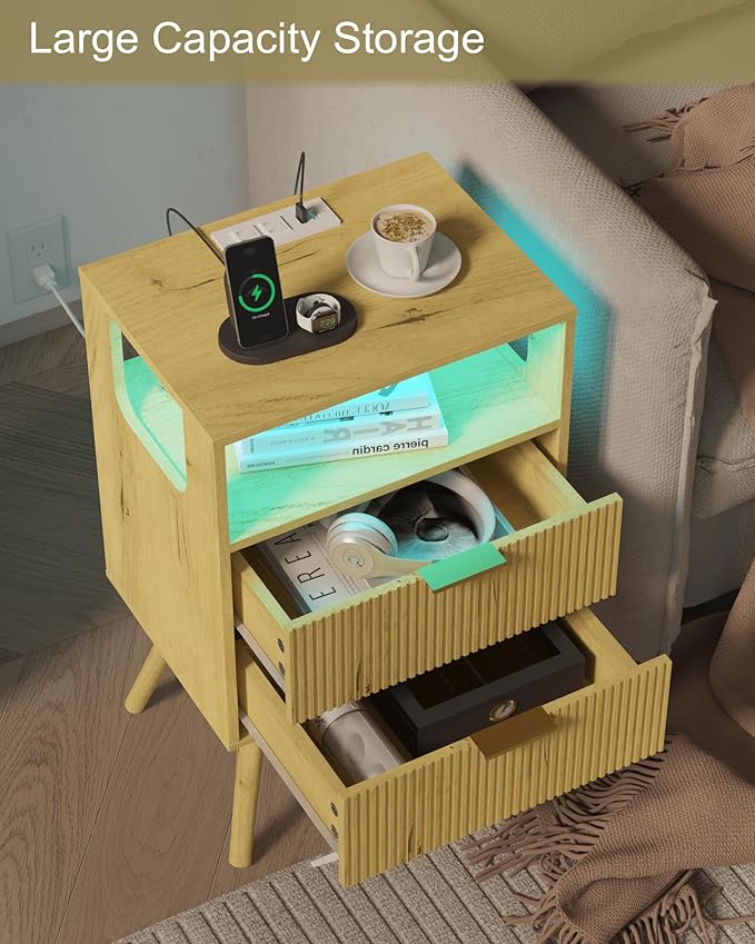 Nightstand with Charging Station and LED Lights, Modern Bedside Table with 2 - Image 5