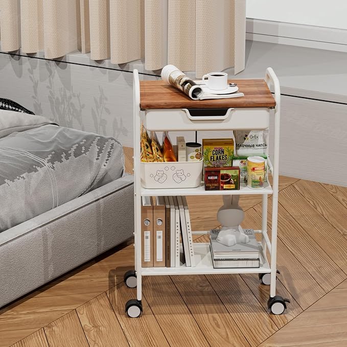 3 Tier Rolling Cart with Drawer, Metal Rolling Storage Cart with Table Top - Image 8
