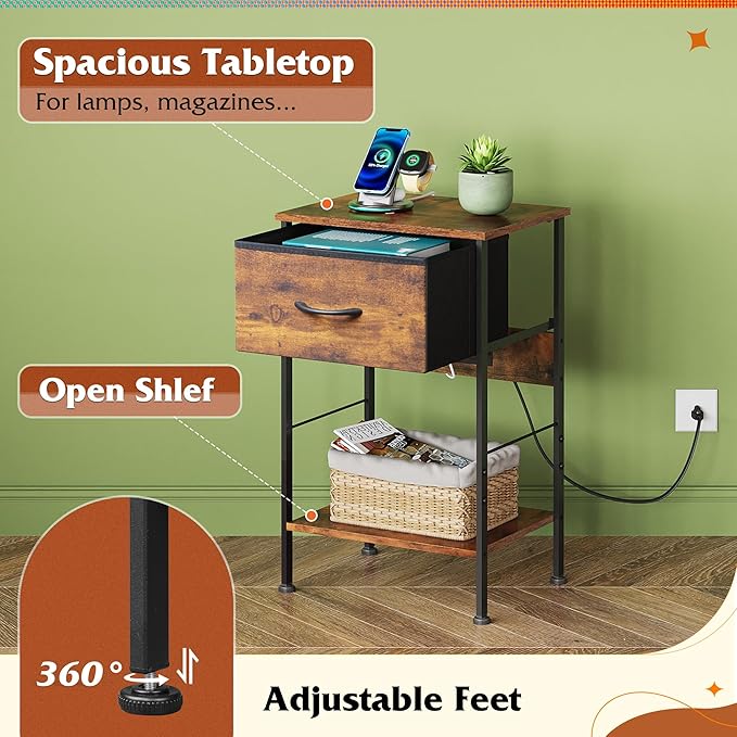WLIVE Night Stand with Charging Station, Small Nightstand with Fabric Drawer - Image 5