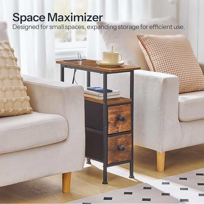 HOOBRO End Table with Charging Station, Narrow Side Table with 2 Fabric Drawers - Image 4
