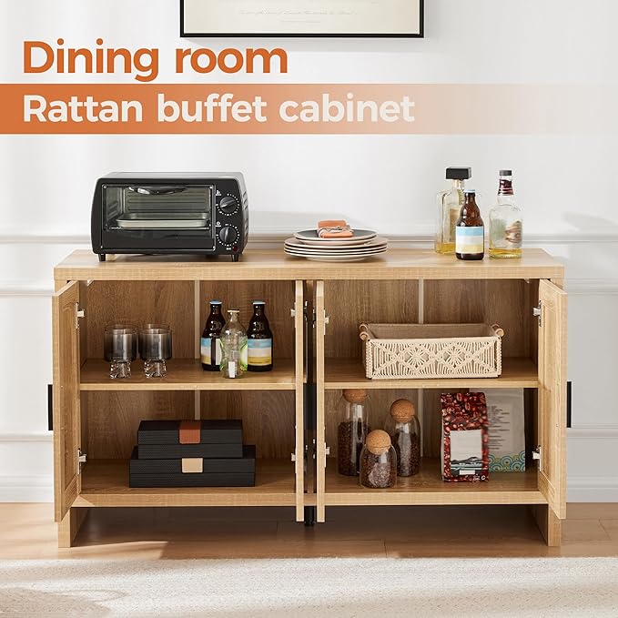 Rattan Buffet Cabinet with Storage, Sideboard Cabinet with Doors and Adjustable - Image 9