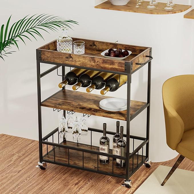 Bar Cart Serving Wine 3 Tier Home Rolling Rack - Image 9
