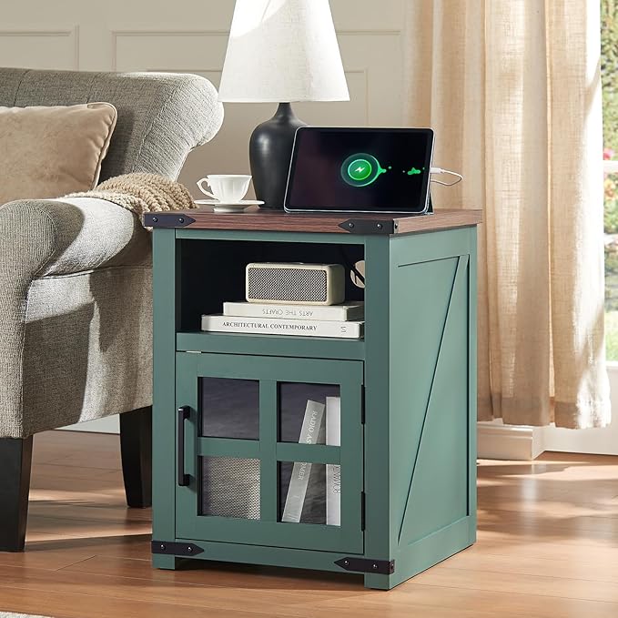 Farmhouse Nightstand with Charging Station, Rustic End Table with Tempered - Image 2