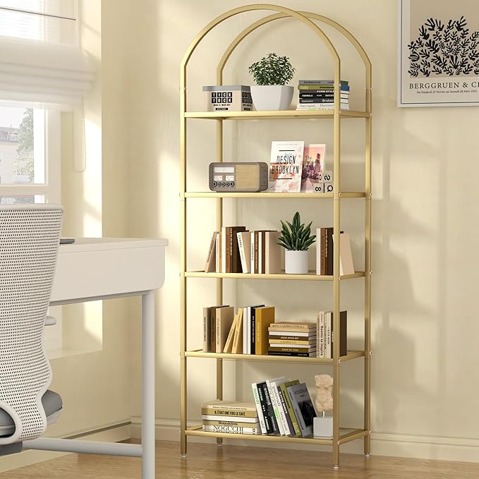 Homhedy Bookshelf Arched Display Racks, Metal Bookcase, Tempered Glass Shelves - Image 7