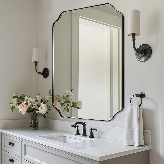 30"x40" Large Bathroom Mirror, Matte Black Scalloped Mirror - Image 8