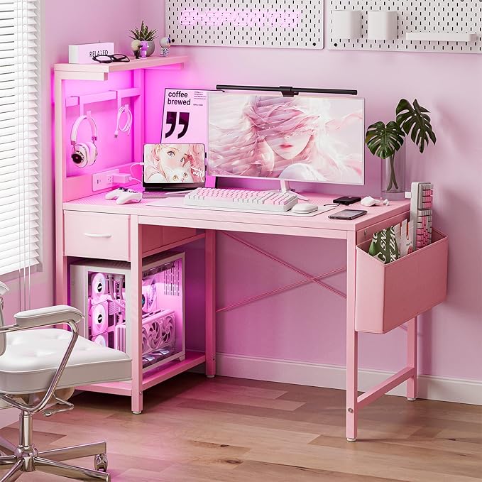 Gaming Desk 47 Inch with Power Outlet and LED Light, Computer Desk with - Image 2