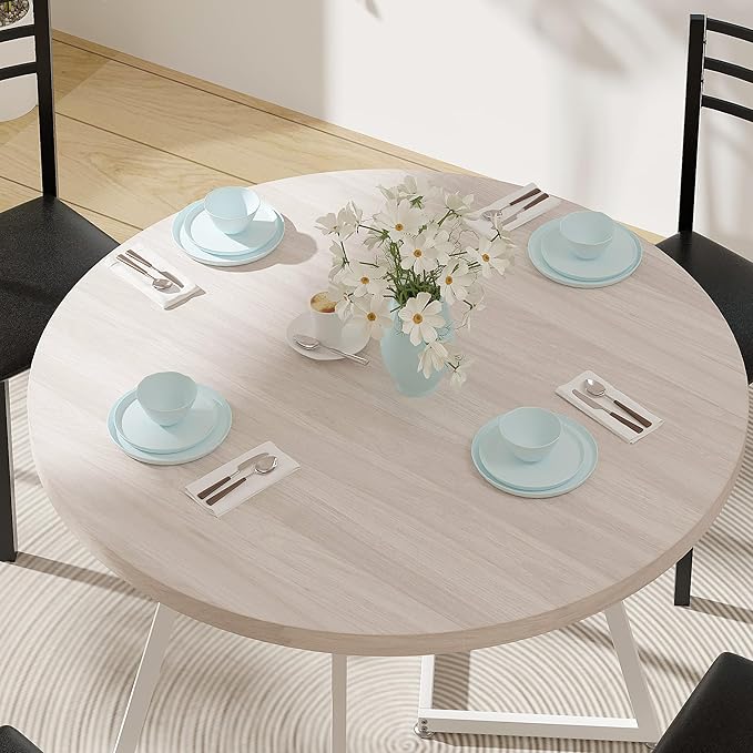 VECELO 35" Round Dining Table for 4, Wood-Grain Tabletop & Heavy-Duty Steel - Image 3