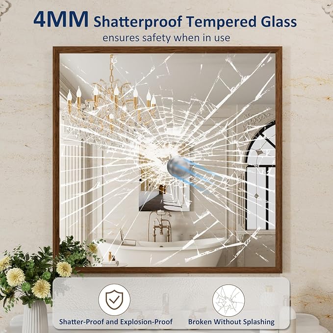 WEER Walnut Bathroom Mirror, Walnut Framed Mirror 36X36 Inch, Rectangle Wall - Image 2