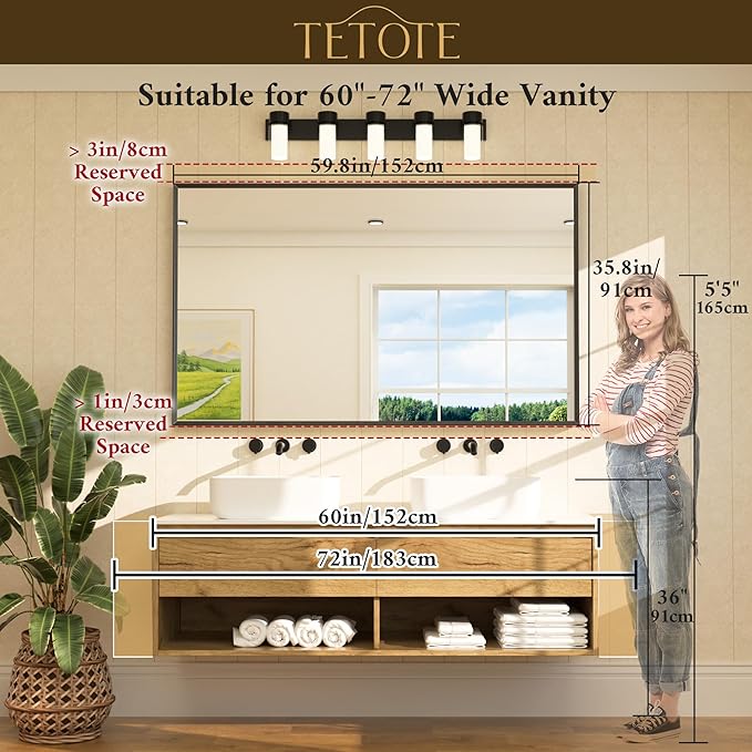 TETOTE Matte Black Beveled Framed Bathroom Mirror 60" x 36" Large Black - Image 6
