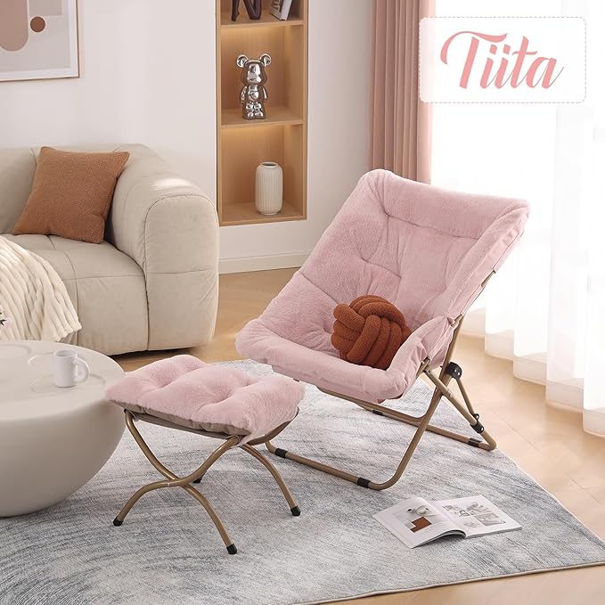 Tiita Folded Chair with Ottoman, Soft Faux Fur Oversized Folding Accent Chair - Image 6