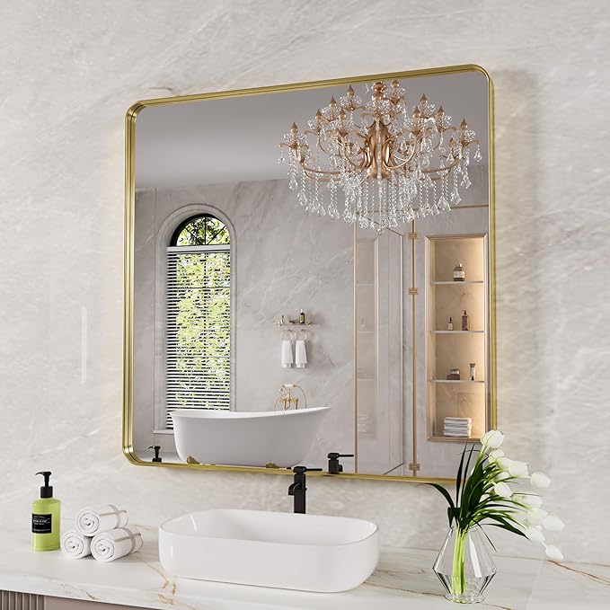 Gold Bathroom Mirror, 36x36 Inch Brushed Gold Metal Frame Mirror by JISOSO