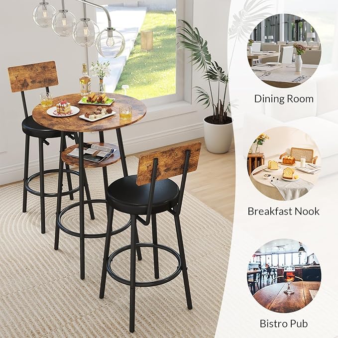 3 Pieces Round Bar Table Set, Small Dining Table - Image 3