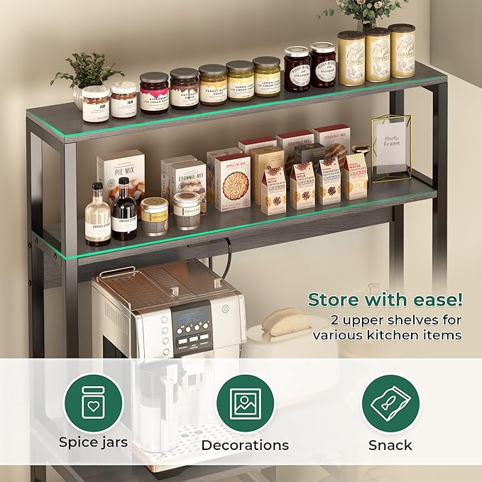 SUPERJARE Bakers Rack with Power Outlet, 35.4 Inches Coffee Bar with Wire Basket - Image 5