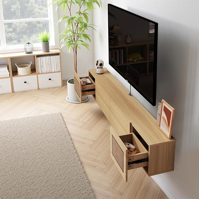 Pmnianhua Boho Floating TV Stand 70", Modern Wall Mounted Media Console - Image 4