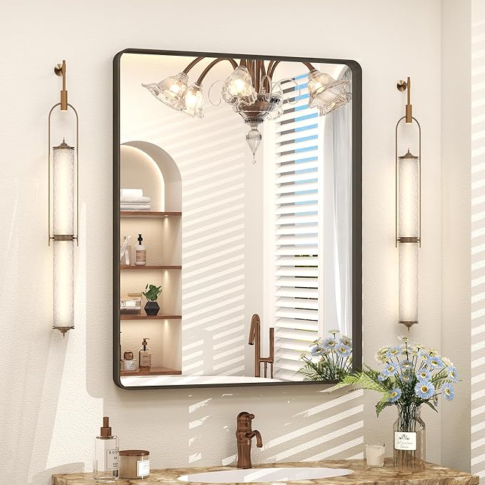 24x32 Inch Bronze Framed Bathroom Mirror, Brushed Bronze Metal Vanity Mirror by VANLIOBathroomMirror