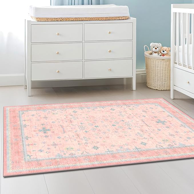Washable Pink Nursery Rug, 3x5 Area Rugs by HazoHaus