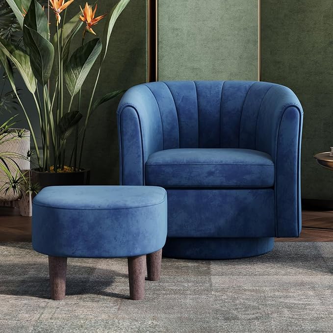 LINSY Swivel Accent Chair with Ottoman: Small Velvet Barrel Chair 360 Swivel by Linsy