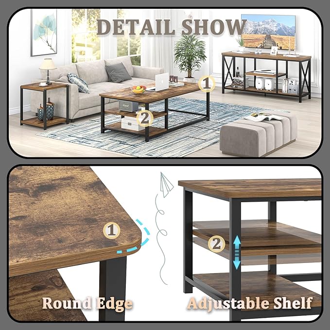 EXCEFUR Modern Coffee Table, Rustic Wood and Metal Living Room Table - Image 5