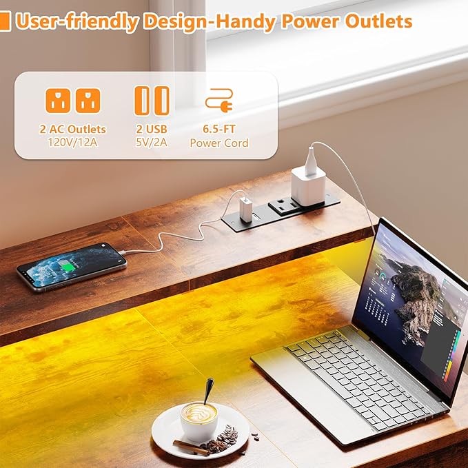 55 Inch Computer Desk with Power Outlets & LED Lights, Home Office Desk with - Image 4