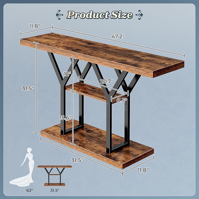 Huuger 47.2 Inch Entryway Table, Industrial Console Sofa Table, 3 Tier Accent - Image 2