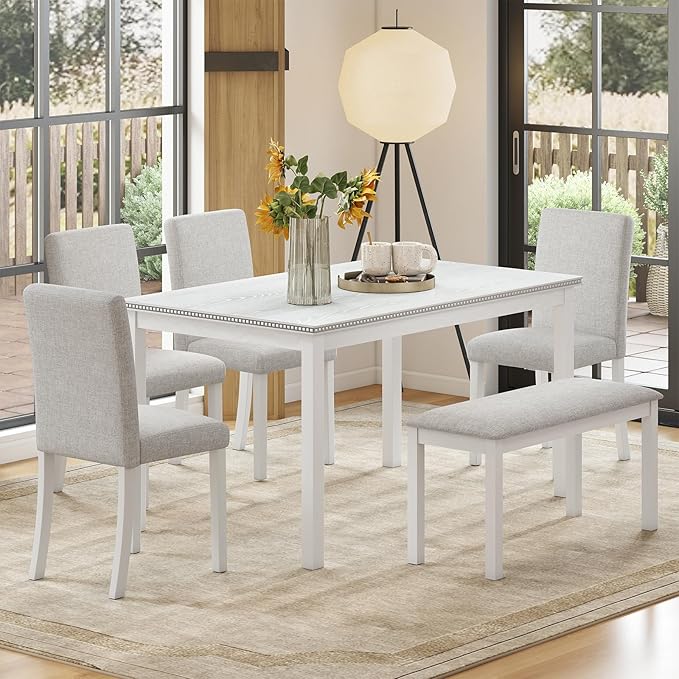 6-Piece Solid Wood Dining Table Set, Including 1 Dining Table, 4 Upholstered by Zevemomo