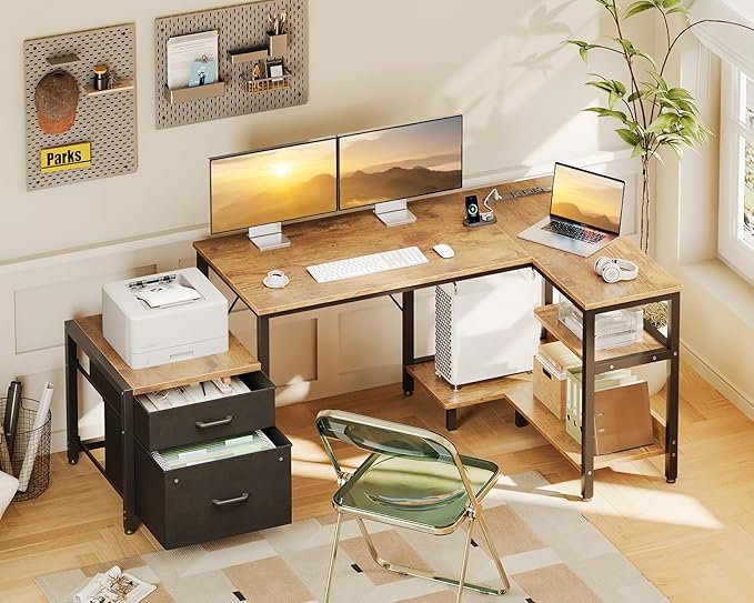 Casaottima L Shaped Desk with Drawers & File Cabinet, Reversible Computer Desk - Image 2