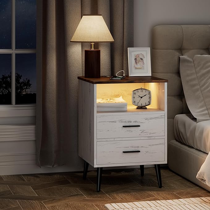 Farmhouse Nightstand with Charging Station and LED Lights, 25.6" H x 17.7" W x - Image 3