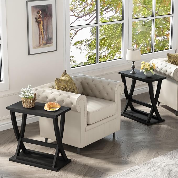 ChooChoo Black End Tables Living Room Set of 2, Narrow Side Table - Image 2