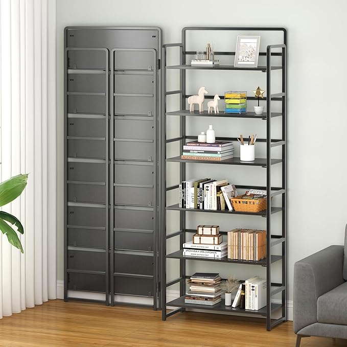 4NM No-Assembly 6 Tiers Folding Bookshelf Storage Shelves Vintage Bookcase - Image 2