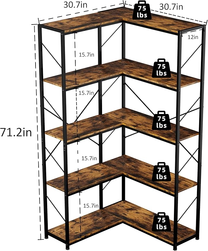 Shintenchi 5 Tier Corner Bookshelf, L Shaped Bookcase, Large Etagere Bookcase - Image 2