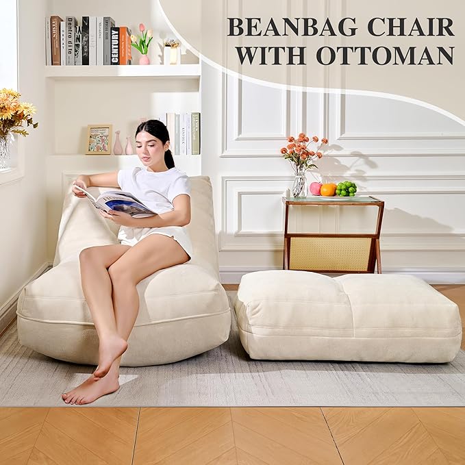 Bean Bag Chair with Ottoman, Comfy Bean Bag Sofa with Memory Foam, Lazy BeanBag - Image 3