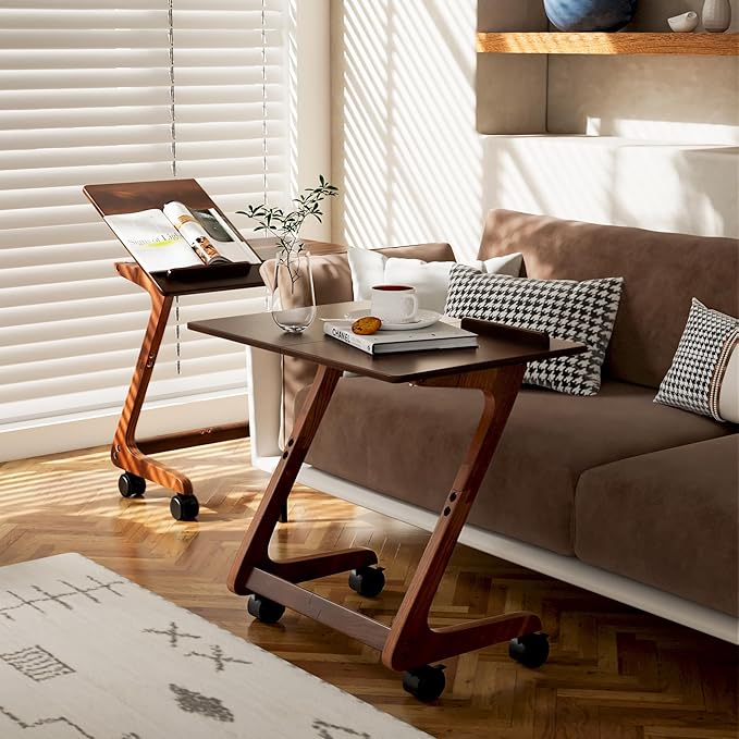 TV Tray Table with Casters, Solid Rubberwood End Tables, Sofa Side Table Couch - Image 7