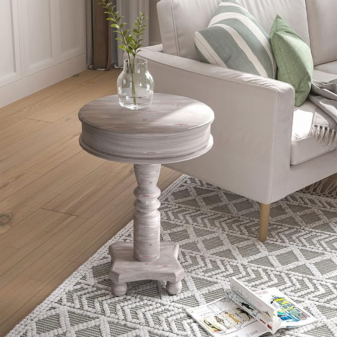 COSIEST Set of 2 Rustic Accent Side Table, Farmhouse Wood Pedestal Table Round - Image 2