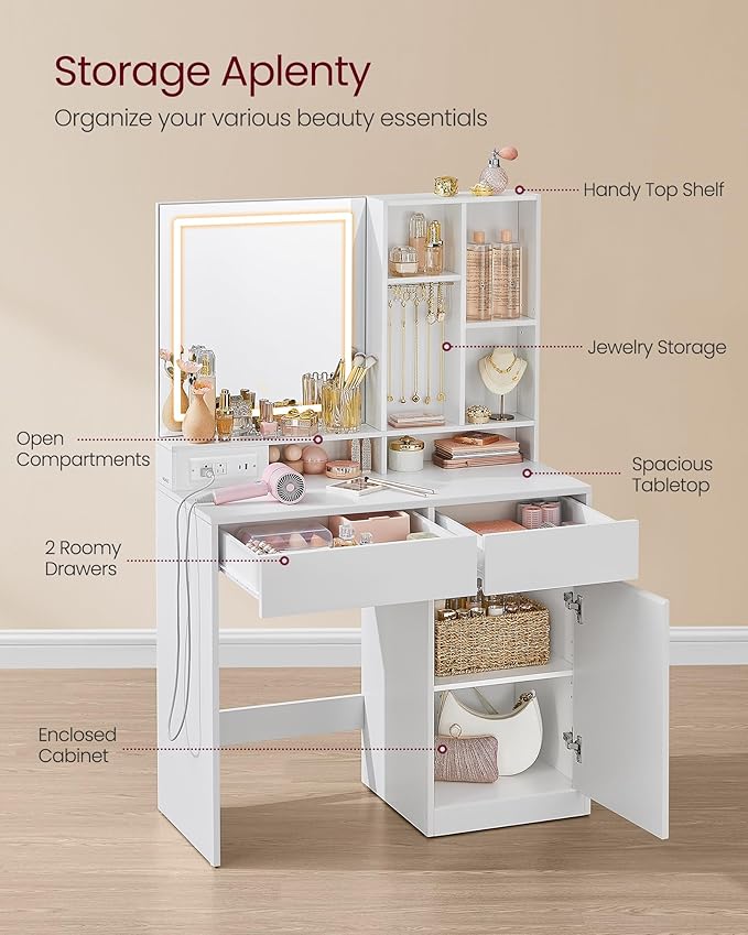 VASAGLE Vanity Desk with Mirror and Lights, Power Outlets, Vanity Table Set - Image 4