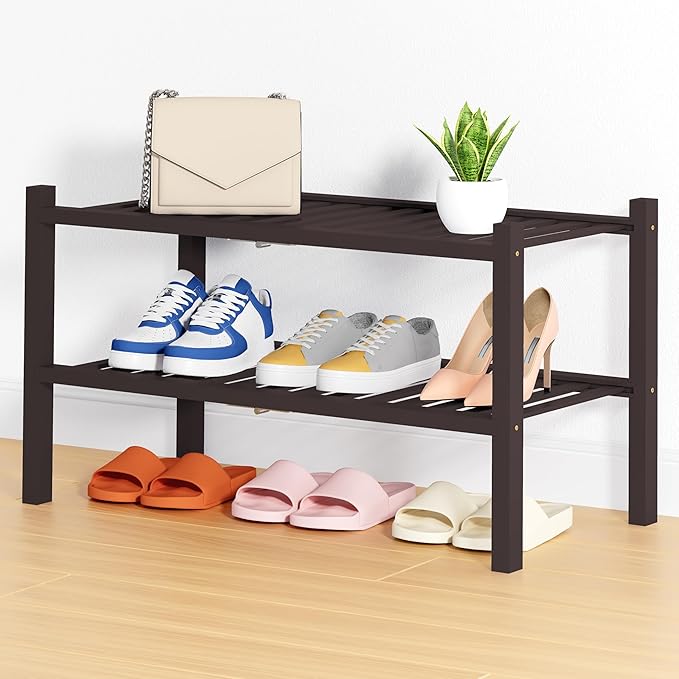 Smiry Shoe Rack, 2 Tier Thick Bamboo Shoe Organizer, Stackable Free Standing by Smiry
