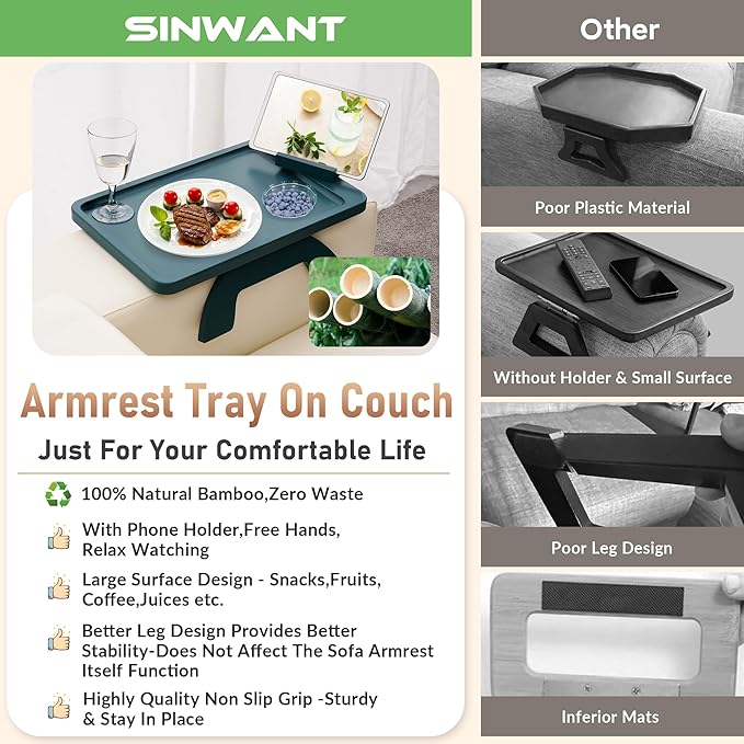 SINWANT Couch Arm Table Tray, Bamboo Sofa Arm Clip on Table, Foldable Couch - Image 5