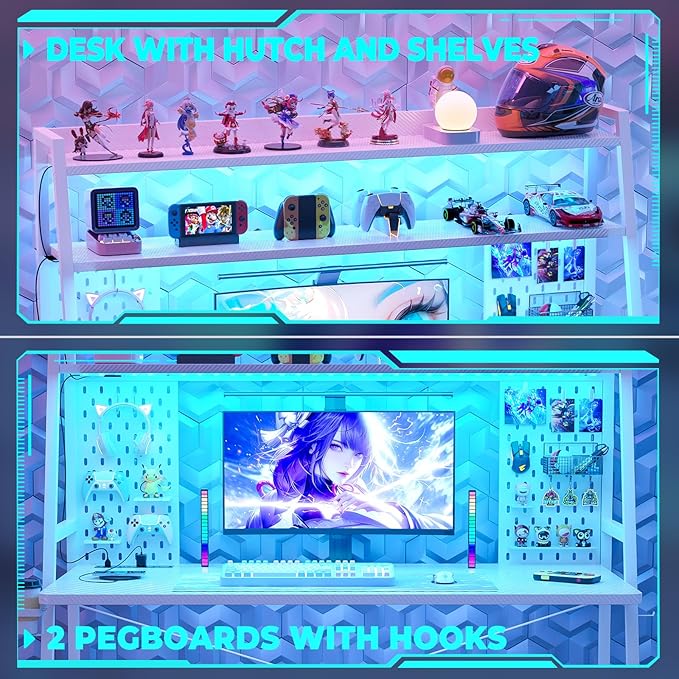 Gaming Desk with Hutch and LED Lights, Gaming Computer Desk with Power Outlets - Image 5