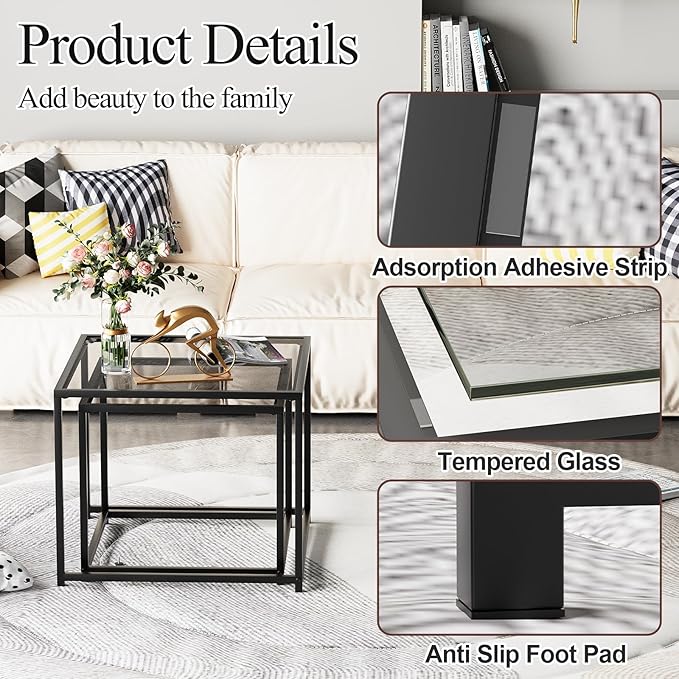 VILAWLENCE Coffee Table Set of 2, Modern Grey Glass Side Table, Metal Frame - Image 5