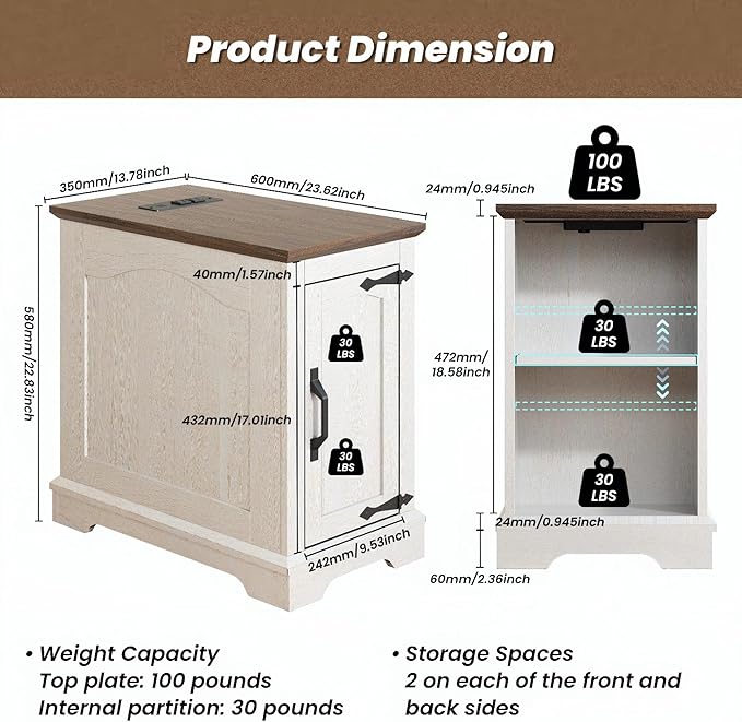 End Tables Set of 2 with Charging Station, 13.8" W Narrow Side Table with - Image 3