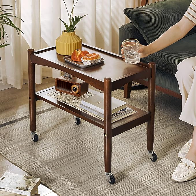 Rattan Side Table with Wheels, Small End Table with Storage, Narrow Wooden Bed - Image 9
