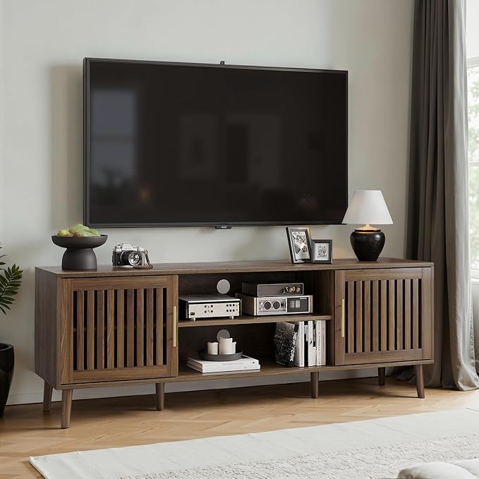 Smuxee Walnut TV Stand with Grille Striped Design, 62.99" Mid Century Modern TV by Smuxee