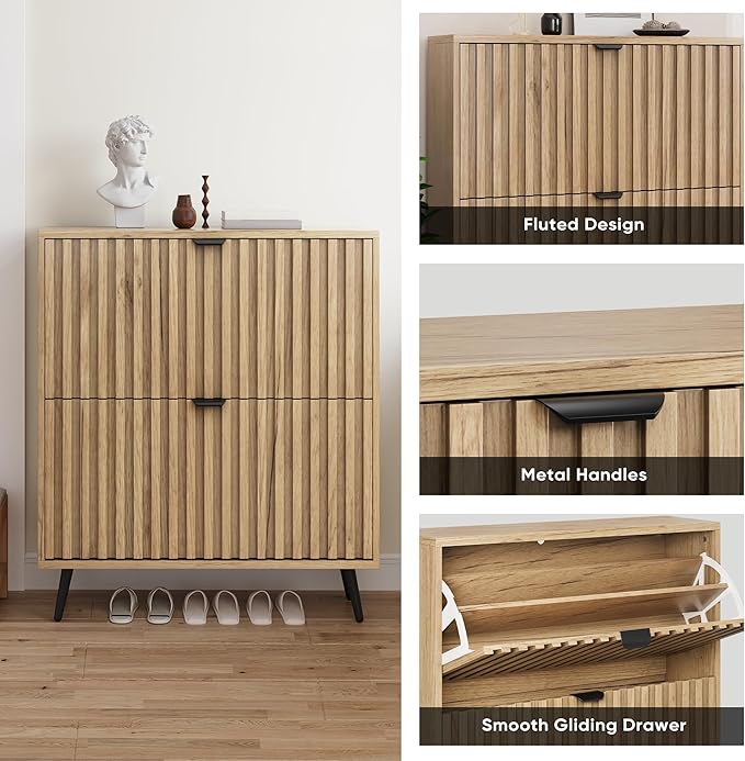 Smuxee Shoe Cabinet with 2 Flip Drawers, 31.5" Natural Hidden Shoe Storage - Image 5