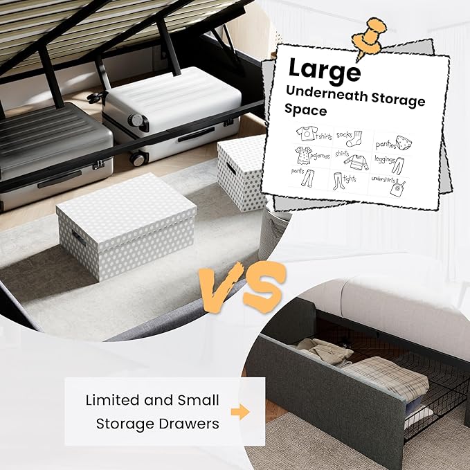 SHA CERLIN King Size Lift Up Storage Bed/Modern Wingback Headboard/Upholstered - Image 3