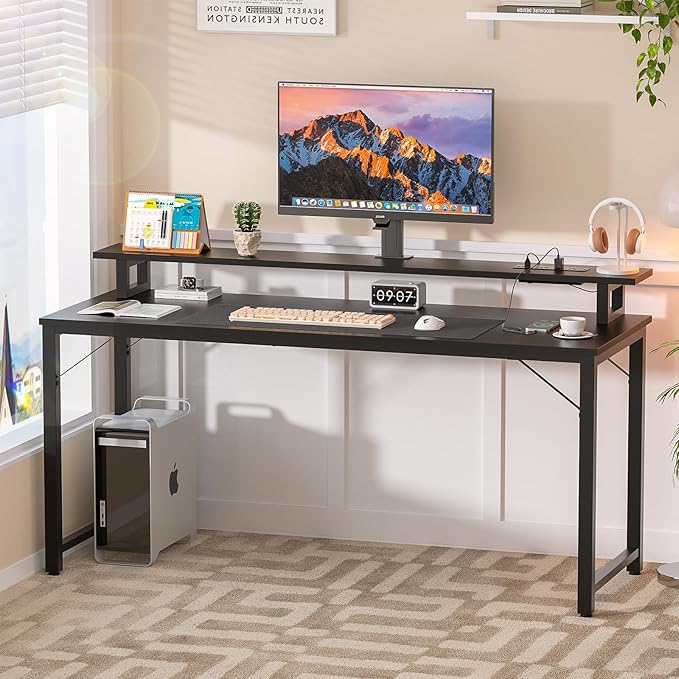 Computer Desk with USB Power Outlets and LED Lights, 55 inch Gaming Desk with - Image 2