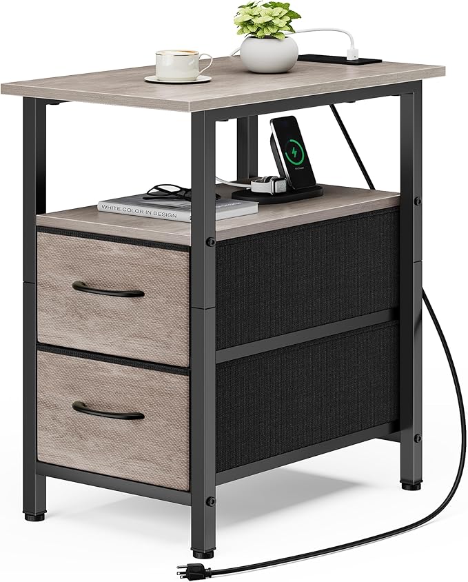 Vagusicc End Table with Charging Station, Narrow Side Table, 23.8'' Tall by Vagusicc