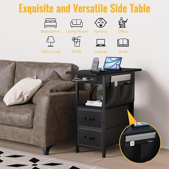Small Side Table with Charging Station, Narrow Nightstand Bedside Tables with - Image 5