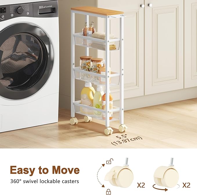 Hoctieon Slim Rolling Storage Cart, 4-Tier Narrow Kitchen Storage Cart - Image 5