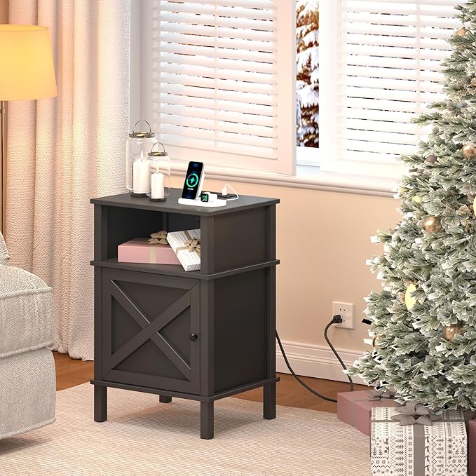 Nightstand with Charging Station, Farmhouse Nightstand, end Table with 2 Tiers - Image 5