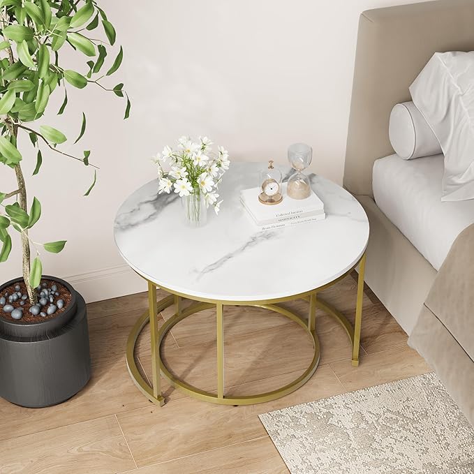 Smuxee White Nesting Coffee Table Set of 2, 27.6" Round Coffee Table Wooden - Image 8
